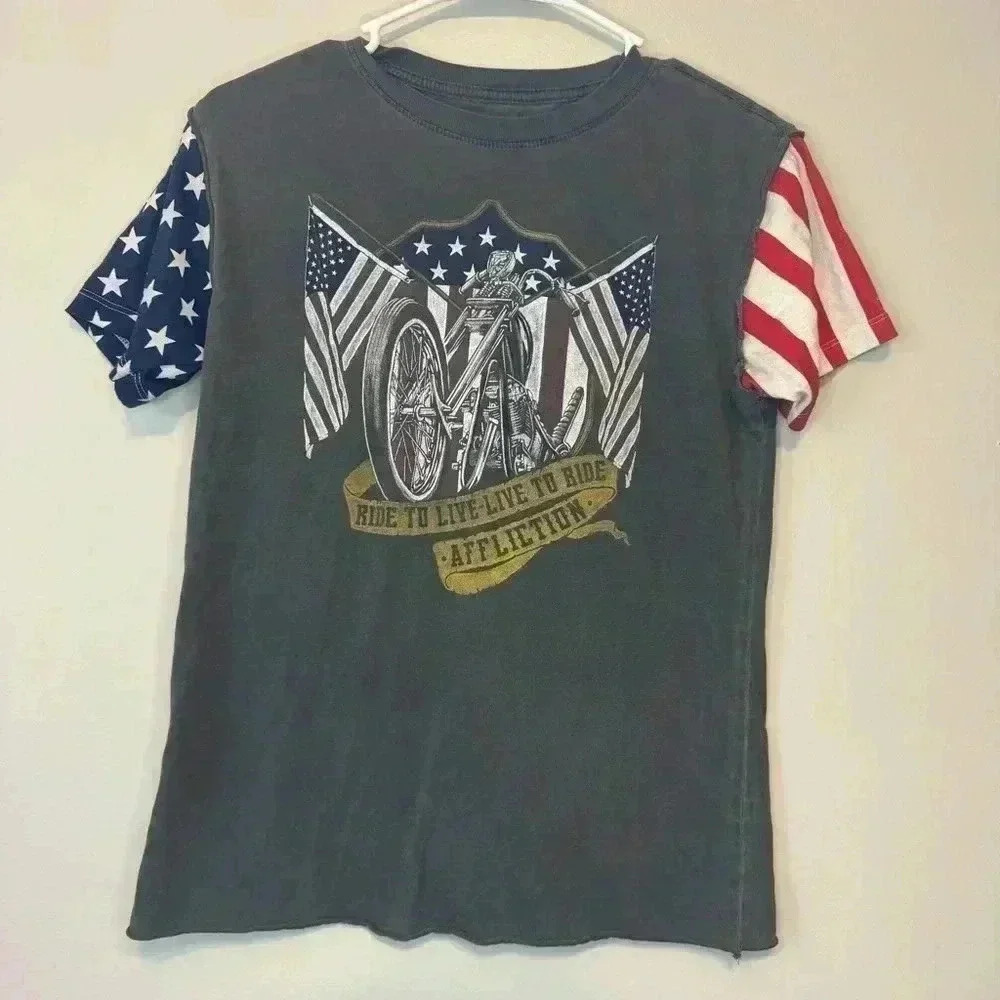 Affliction Love Fast Womens Size S Red White Blue Short Sleeves Motorcycle